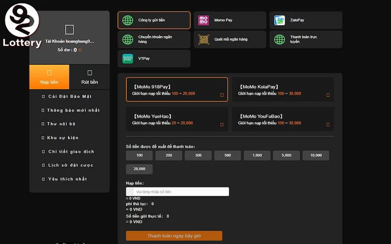 Hướng Dẫn Nạp Tiền 92Lottery Nhanh Chóng Và An Toàn